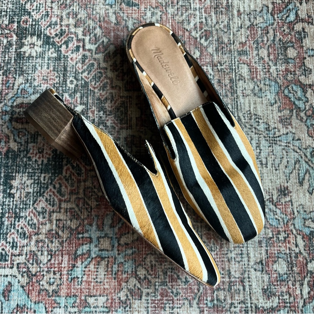 Madewell Black and Gold Striped Calf Hair Leather Mules Women's 9